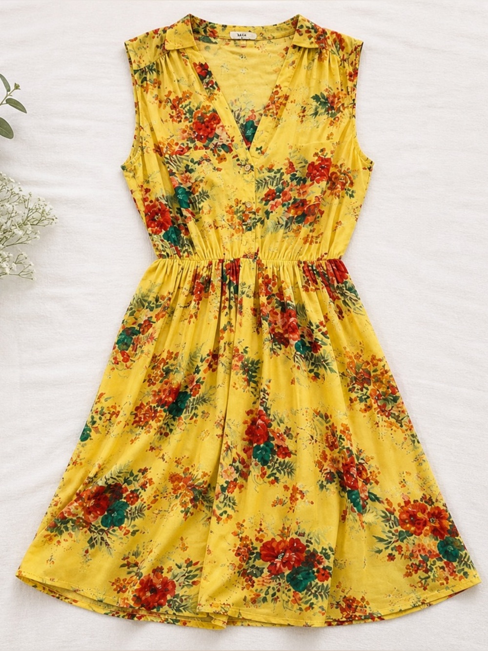 MIA Yellow Floral Midi Dress Womens Large Summer Button Front Graduation Wedding